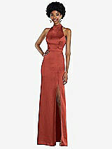 Rear View Thumbnail - Amber Sunset High Neck Backless Maxi Dress with Slim Belt