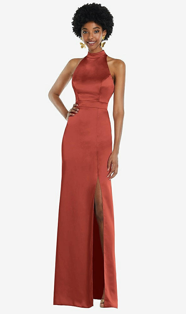 Back View - Amber Sunset High Neck Backless Maxi Dress with Slim Belt
