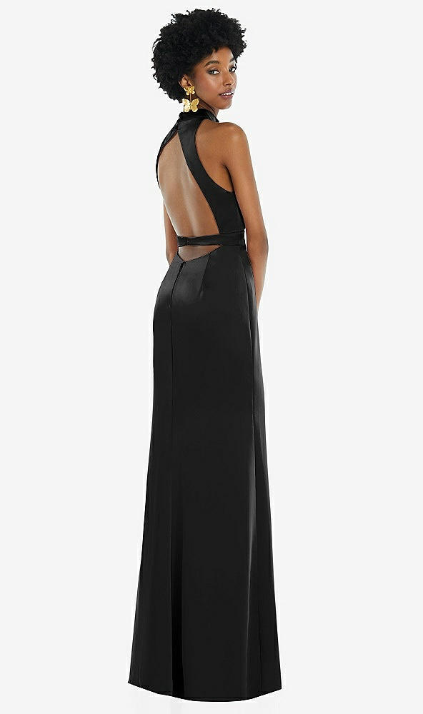 Front View - Black High Neck Backless Maxi Dress with Slim Belt