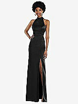 Rear View Thumbnail - Black High Neck Backless Maxi Dress with Slim Belt