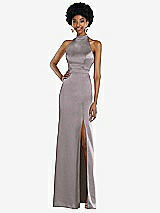 Rear View Thumbnail - Cashmere Gray High Neck Backless Maxi Dress with Slim Belt