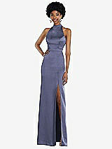 Rear View Thumbnail - French Blue High Neck Backless Maxi Dress with Slim Belt