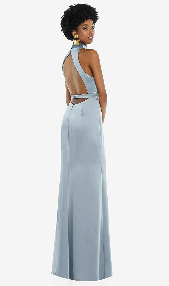 Front View - Mist High Neck Backless Maxi Dress with Slim Belt
