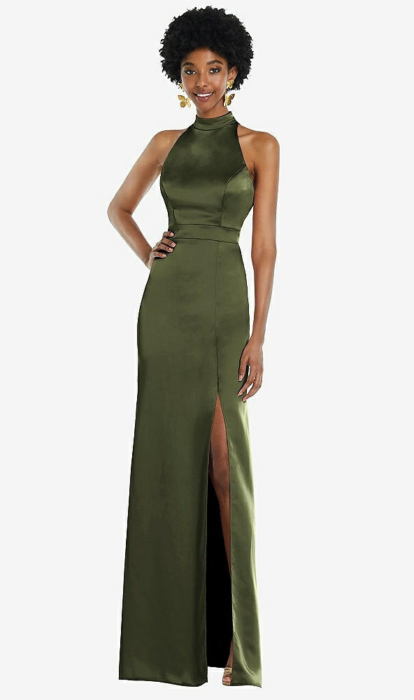 Back View - Olive Green High Neck Backless Maxi Dress with Slim Belt