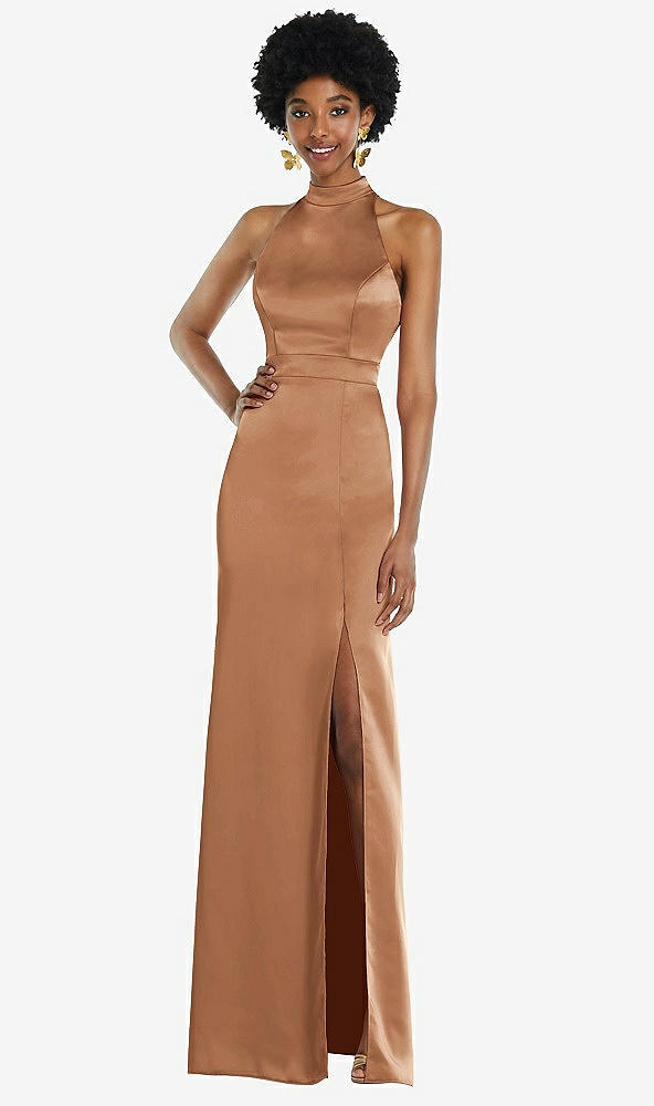 Back View - Toffee High Neck Backless Maxi Dress with Slim Belt
