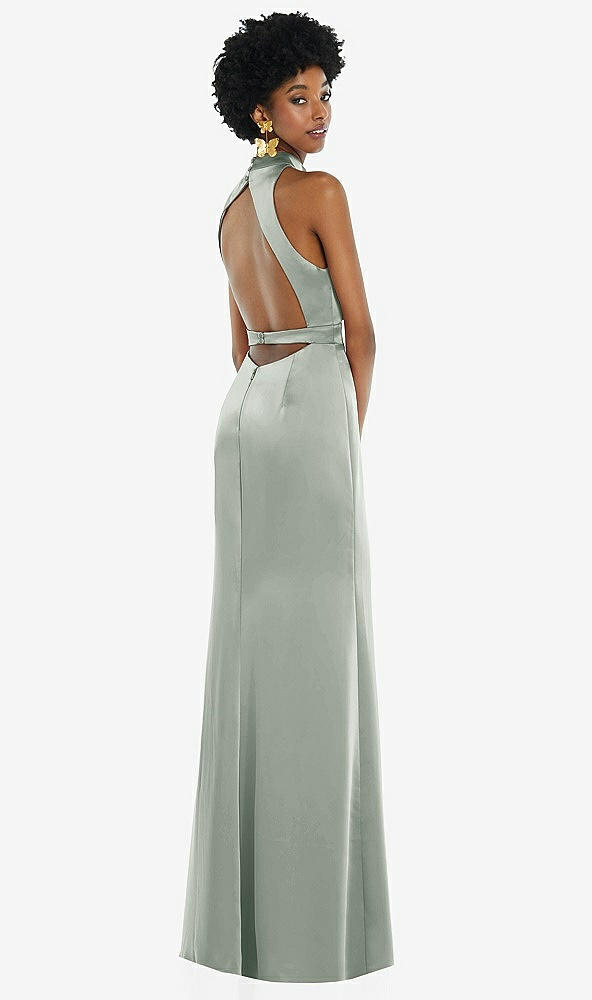 Front View - Willow Green High Neck Backless Maxi Dress with Slim Belt