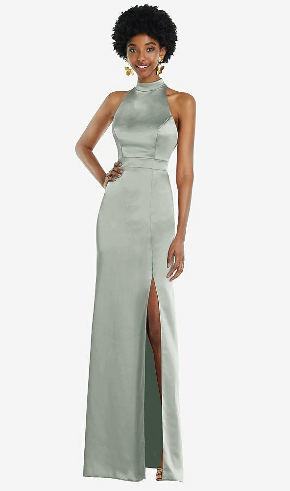 Back View - Willow Green High Neck Backless Maxi Dress with Slim Belt