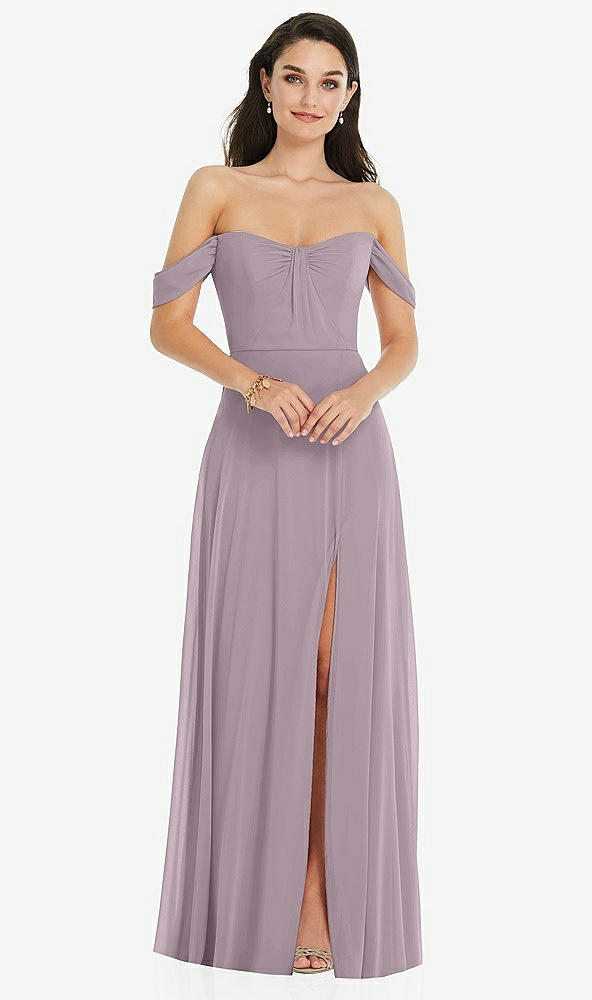 Front View - Lilac Dusk Off-the-Shoulder Draped Sleeve Maxi Dress with Front Slit
