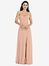 Front View Thumbnail - Pale Peach Off-the-Shoulder Draped Sleeve Maxi Dress with Front Slit