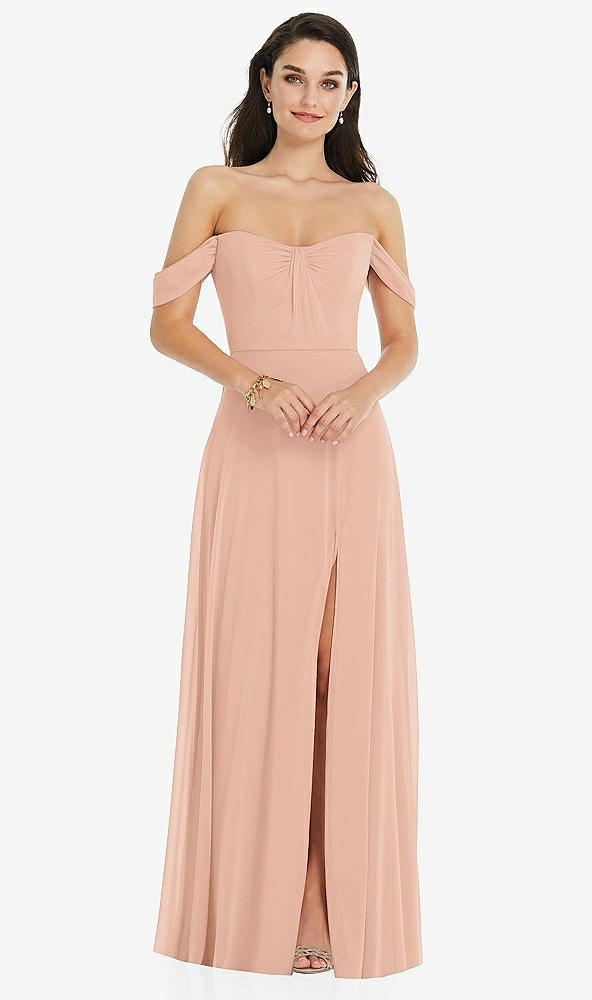 Front View - Pale Peach Off-the-Shoulder Draped Sleeve Maxi Dress with Front Slit