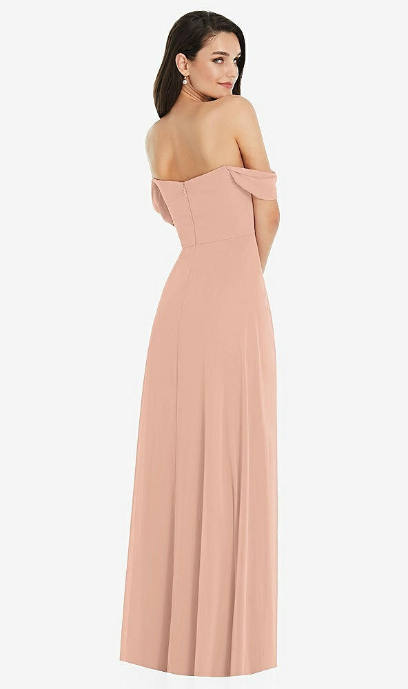 Back View - Pale Peach Off-the-Shoulder Draped Sleeve Maxi Dress with Front Slit