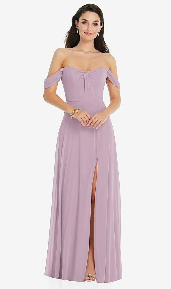 Front View - Suede Rose Off-the-Shoulder Draped Sleeve Maxi Dress with Front Slit