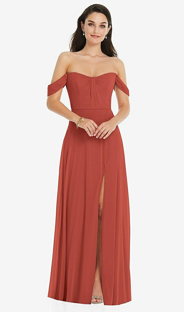 Front View - Amber Sunset Off-the-Shoulder Draped Sleeve Maxi Dress with Front Slit