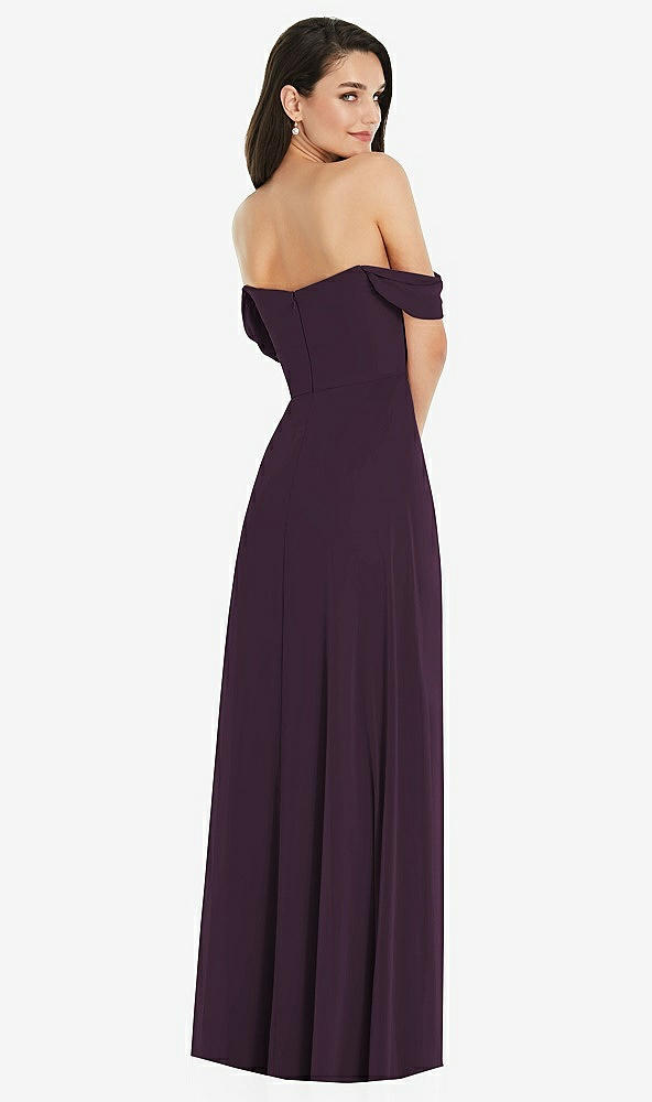 Back View - Aubergine Off-the-Shoulder Draped Sleeve Maxi Dress with Front Slit