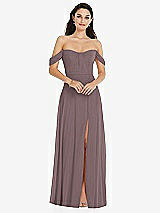 Front View Thumbnail - French Truffle Off-the-Shoulder Draped Sleeve Maxi Dress with Front Slit