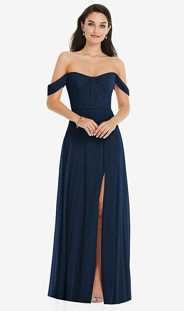 Front View - Midnight Navy Off-the-Shoulder Draped Sleeve Maxi Dress with Front Slit