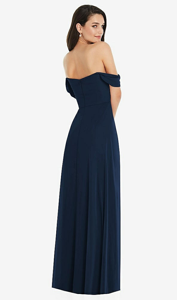 Back View - Midnight Navy Off-the-Shoulder Draped Sleeve Maxi Dress with Front Slit