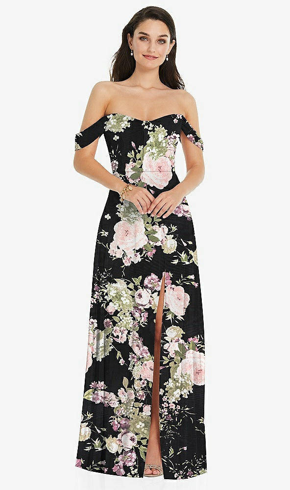 Front View - Noir Garden Off-the-Shoulder Draped Sleeve Maxi Dress with Front Slit