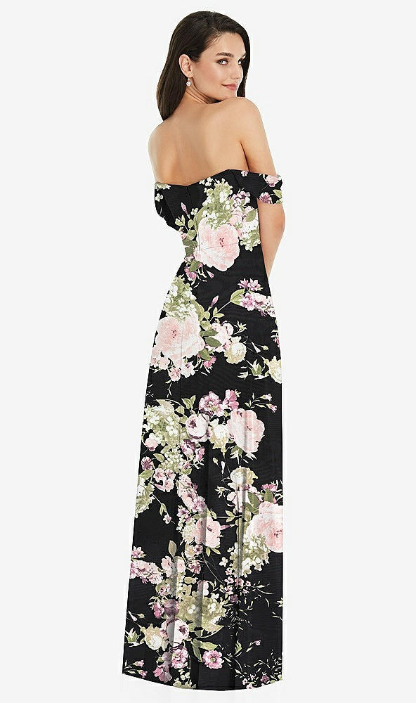 Back View - Noir Garden Off-the-Shoulder Draped Sleeve Maxi Dress with Front Slit