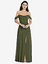 Front View Thumbnail - Olive Green Off-the-Shoulder Draped Sleeve Maxi Dress with Front Slit