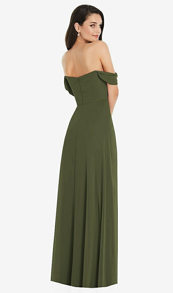 Back View - Olive Green Off-the-Shoulder Draped Sleeve Maxi Dress with Front Slit