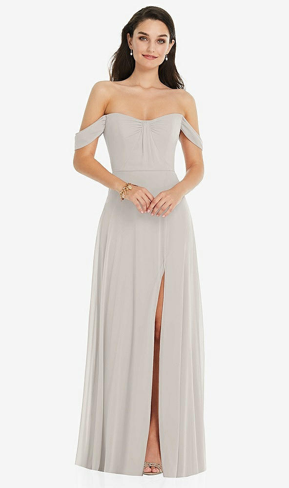 Front View - Oyster Off-the-Shoulder Draped Sleeve Maxi Dress with Front Slit