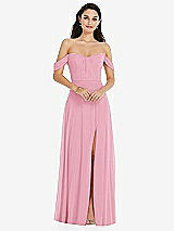 Front View Thumbnail - Peony Pink Off-the-Shoulder Draped Sleeve Maxi Dress with Front Slit