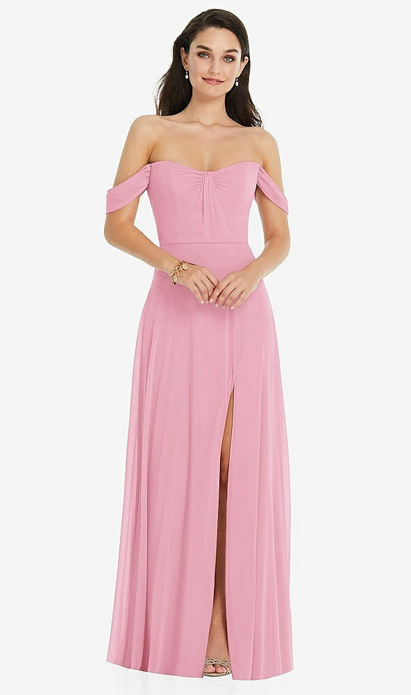 Front View - Peony Pink Off-the-Shoulder Draped Sleeve Maxi Dress with Front Slit