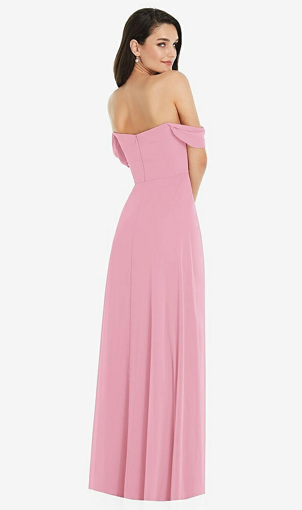 Back View - Peony Pink Off-the-Shoulder Draped Sleeve Maxi Dress with Front Slit