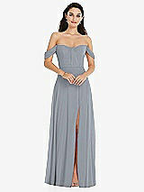 Front View Thumbnail - Platinum Off-the-Shoulder Draped Sleeve Maxi Dress with Front Slit