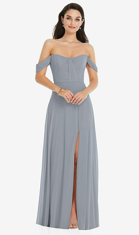 Front View - Platinum Off-the-Shoulder Draped Sleeve Maxi Dress with Front Slit