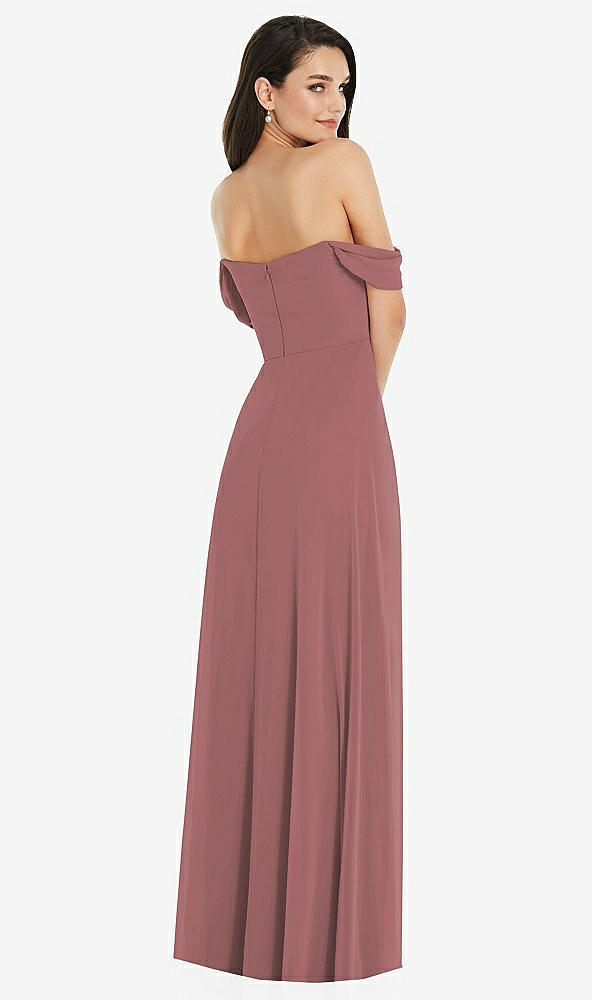 Back View - Rosewood Off-the-Shoulder Draped Sleeve Maxi Dress with Front Slit