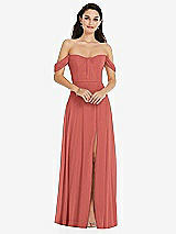 Front View Thumbnail - Coral Pink Off-the-Shoulder Draped Sleeve Maxi Dress with Front Slit