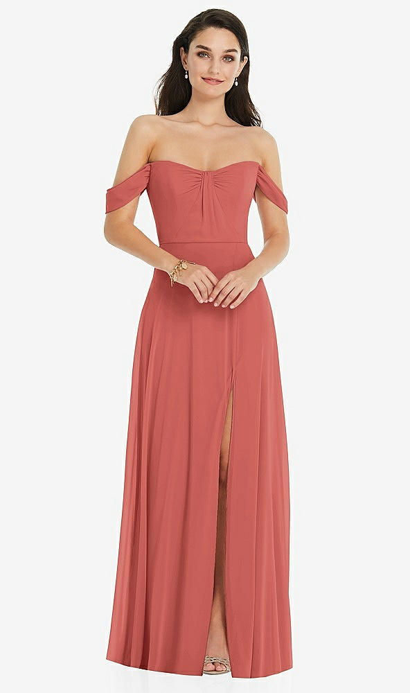 Front View - Coral Pink Off-the-Shoulder Draped Sleeve Maxi Dress with Front Slit