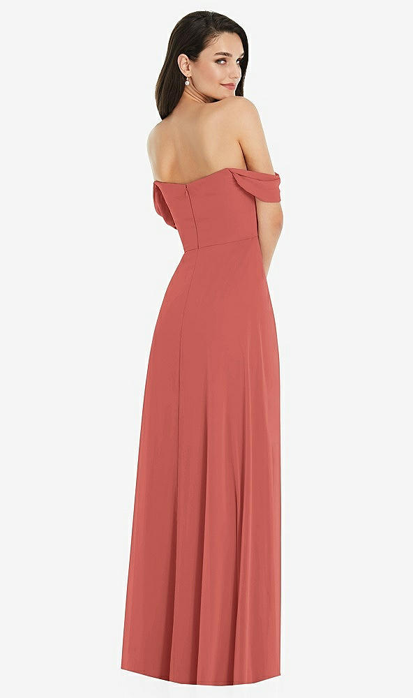 Back View - Coral Pink Off-the-Shoulder Draped Sleeve Maxi Dress with Front Slit
