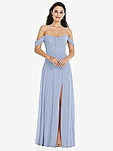 Front View Thumbnail - Sky Blue Off-the-Shoulder Draped Sleeve Maxi Dress with Front Slit