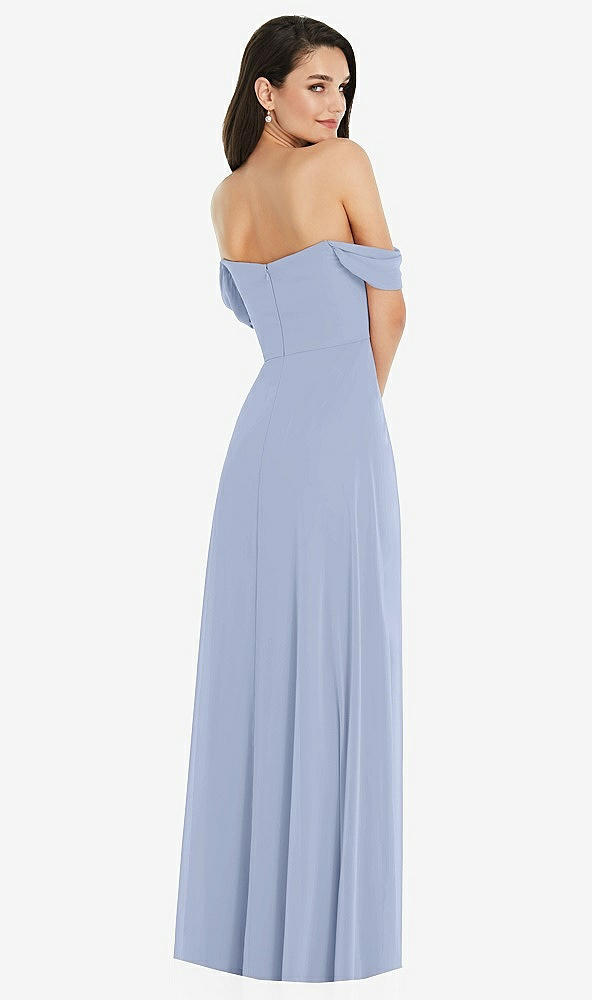 Back View - Sky Blue Off-the-Shoulder Draped Sleeve Maxi Dress with Front Slit