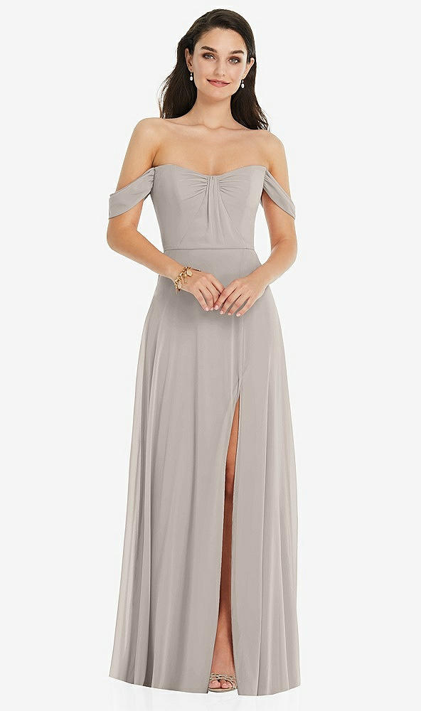 Front View - Taupe Off-the-Shoulder Draped Sleeve Maxi Dress with Front Slit
