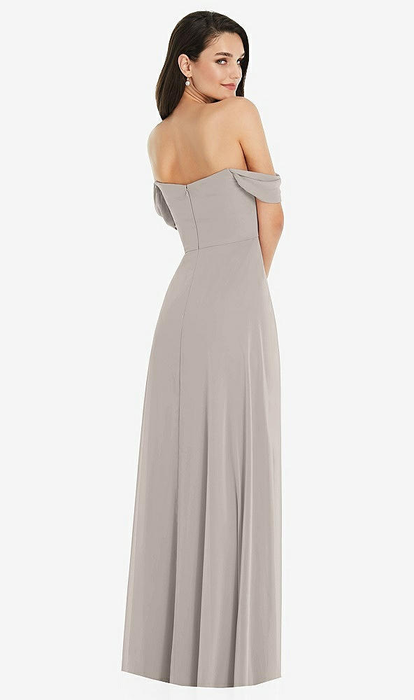 Back View - Taupe Off-the-Shoulder Draped Sleeve Maxi Dress with Front Slit
