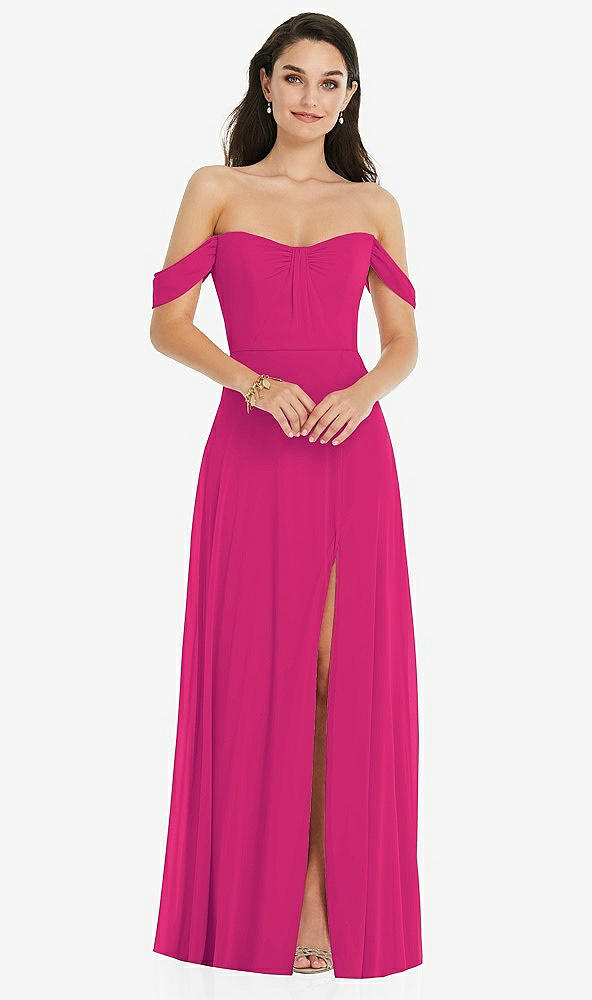 Front View - Think Pink Off-the-Shoulder Draped Sleeve Maxi Dress with Front Slit