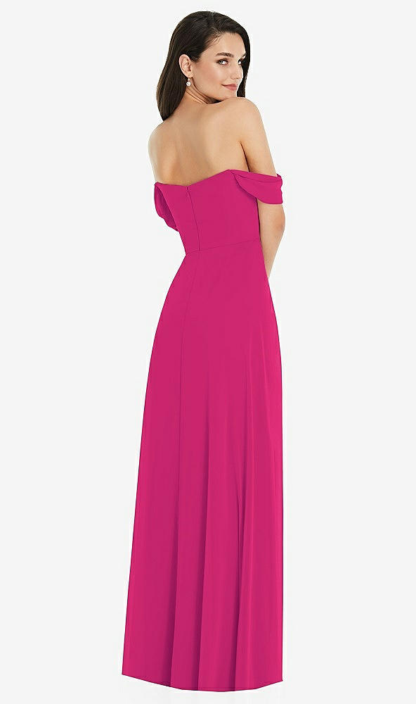 Back View - Think Pink Off-the-Shoulder Draped Sleeve Maxi Dress with Front Slit