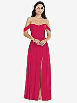 Front View Thumbnail - Vivid Pink Off-the-Shoulder Draped Sleeve Maxi Dress with Front Slit