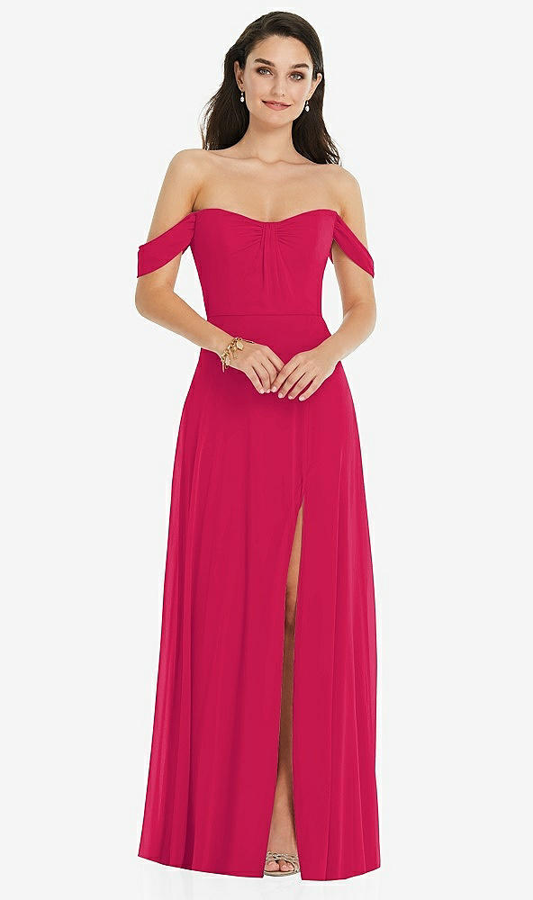 Front View - Vivid Pink Off-the-Shoulder Draped Sleeve Maxi Dress with Front Slit