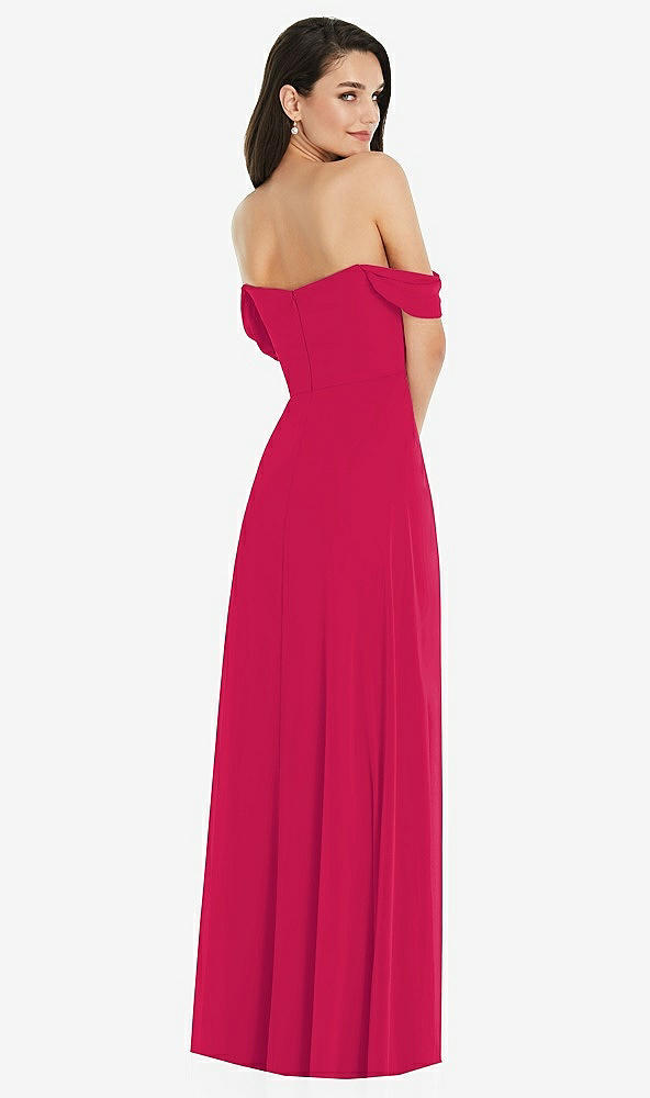 Back View - Vivid Pink Off-the-Shoulder Draped Sleeve Maxi Dress with Front Slit