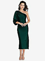 Front View Thumbnail - Evergreen One-Shoulder Puff Sleeve Midi Bias Dress with Side Slit