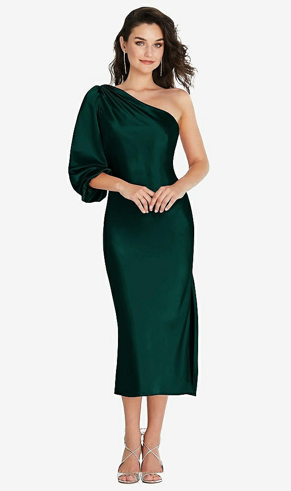 Front View - Evergreen One-Shoulder Puff Sleeve Midi Bias Dress with Side Slit