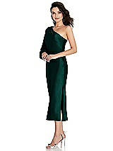 Side View Thumbnail - Evergreen One-Shoulder Puff Sleeve Midi Bias Dress with Side Slit