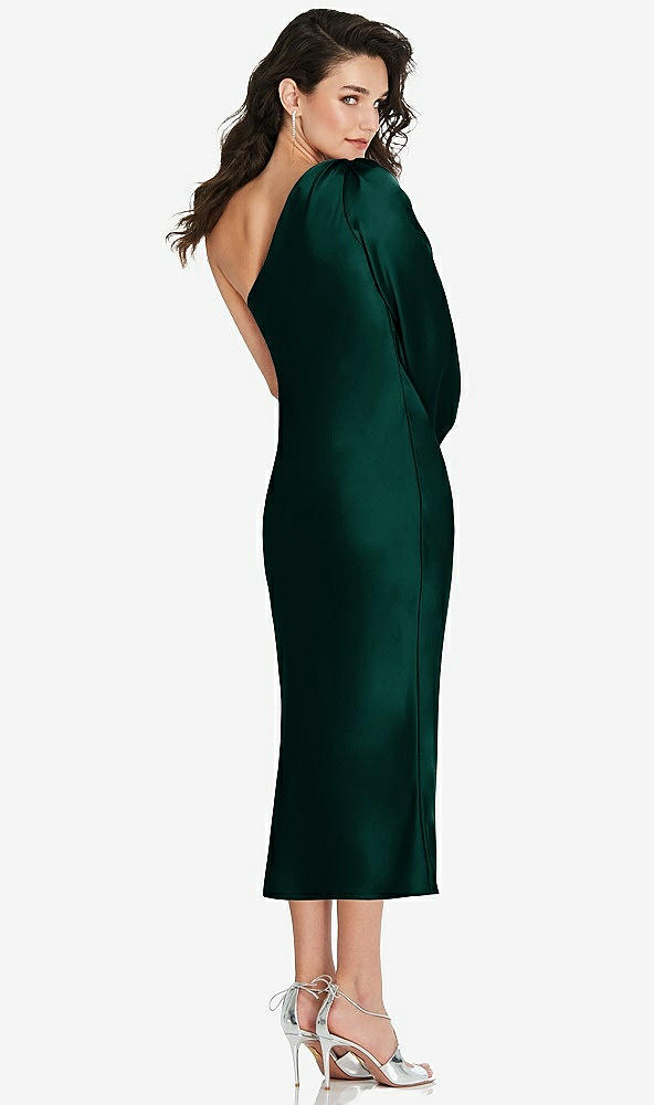 Back View - Evergreen One-Shoulder Puff Sleeve Midi Bias Dress with Side Slit