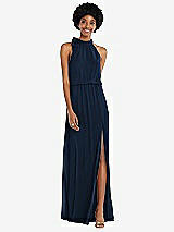 Front View Thumbnail - Midnight Navy Scarf Tie High Neck Blouson Bodice Maxi Dress with Front Slit