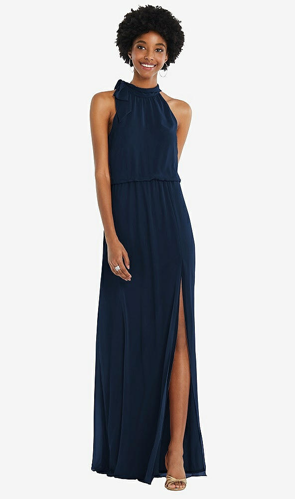 Front View - Midnight Navy Scarf Tie High Neck Blouson Bodice Maxi Dress with Front Slit